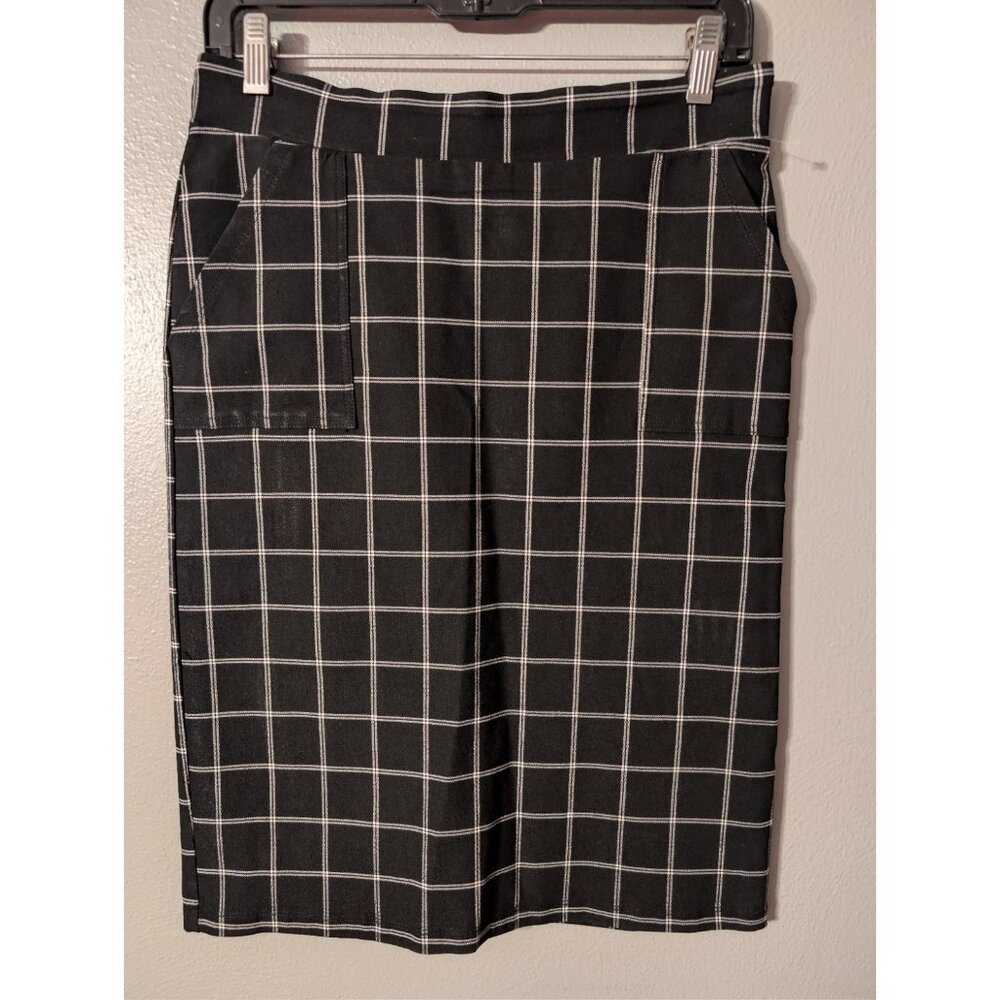 89th & Madison Windowpane Plaid Pencil Skirt Black White Size M Stretch Workwear - Picture 2 of 5